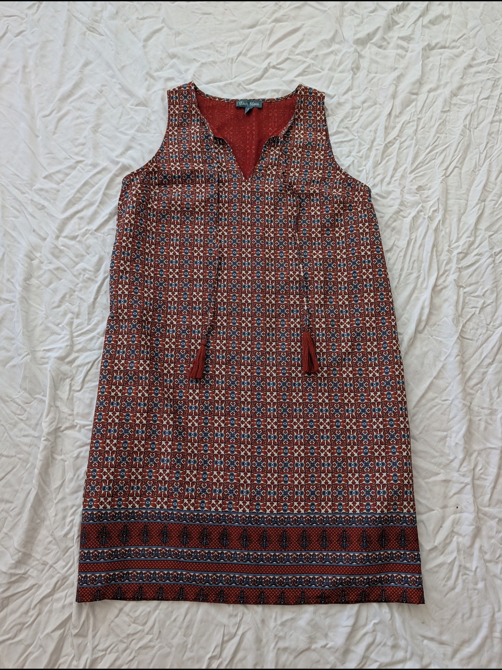 Sleeveless Brick-Red Printed Midi Dress with Tassel Ties